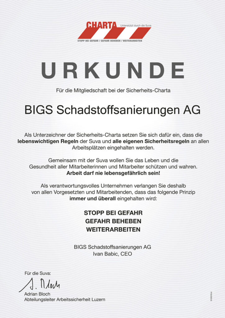 Urkunde BIGS Schadstoffsanierungen AG