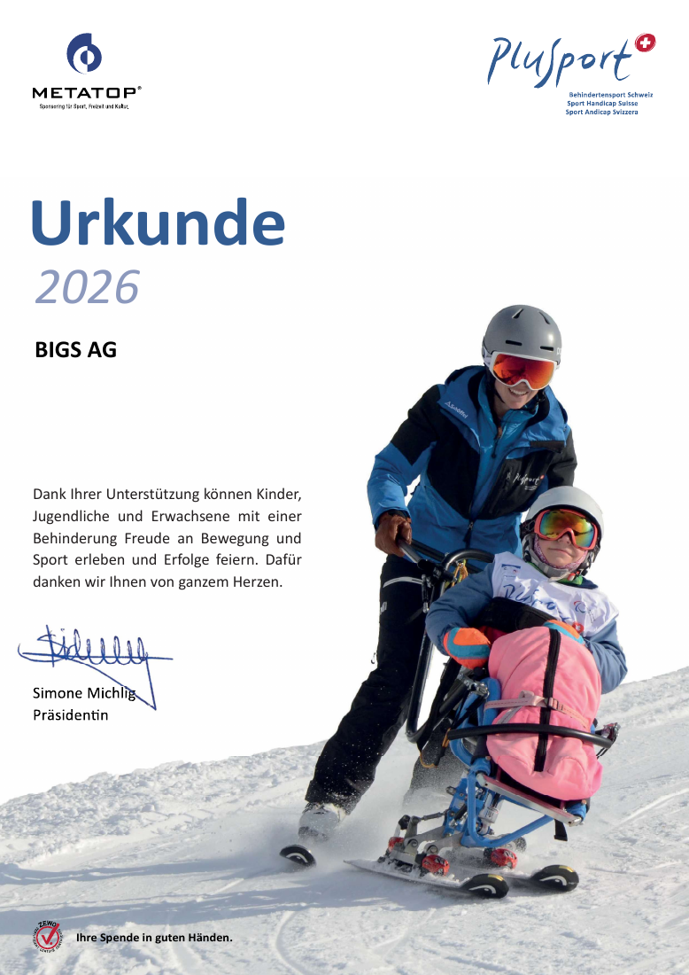 PluSport – Sponsoring-Urkunde 2026 für BIGS AG